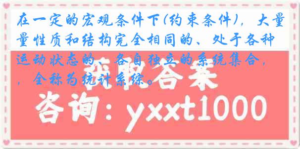 在一定的宏观条件下(约束条件)，大量性质和结构完全相同的、处于各种运动状态的、各自独立的系统集合，全称为统计系综。
