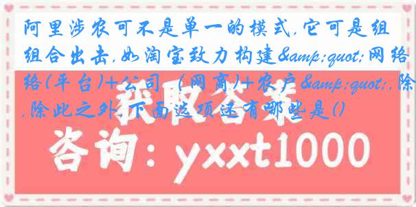 阿里涉农可不是单一的模式,它可是组合出击,如淘宝致力构建&quot;网络(平台)+公司（网商)+农户&quot;,除此之外,下面选项还有哪些是()