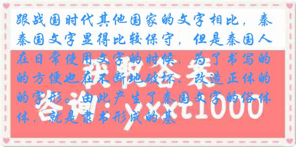 跟战国时代其他国家的文字相比，秦国文字显得比较保守，但是秦国人在日常使用文字的时候，为了书写的方便也在不断地破坏、改造正体的字形。由此产生了秦国文字的俗体，就是隶书形成的基