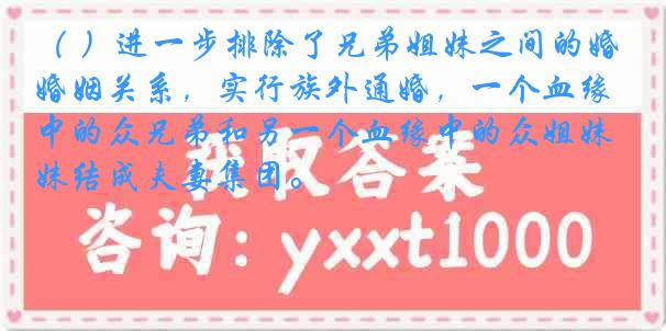 （ ）进一步排除了兄弟姐妹之间的婚姻关系，实行族外通婚，一个血缘中的众兄弟和另一个血缘中的众姐妹结成夫妻集团。