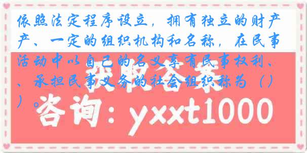 依照法定程序设立，拥有独立的财产、一定的组织机构和名称，在民事活动中以自己的名义享有民事权利、承担民事义务的社会组织称为（）。