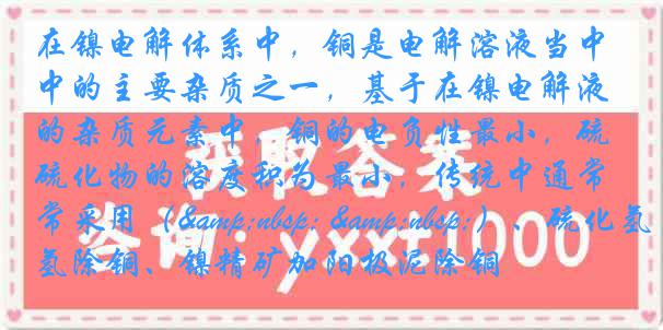 在镍电解体系中，铜是电解溶液当中的主要杂质之一，基于在镍电解液的杂质元素中，铜的电负性最小，硫化物的溶度积为最小，传统中通常采用（&nbsp; &nbsp;）、硫化氢除铜、镍精矿加阳极泥除铜