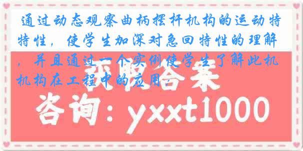  通过动态观察曲柄摆杆机构的运动特性，使学生加深对急回特性的理解，并且通过一个实例使学生了解此机构在工程中的应用；