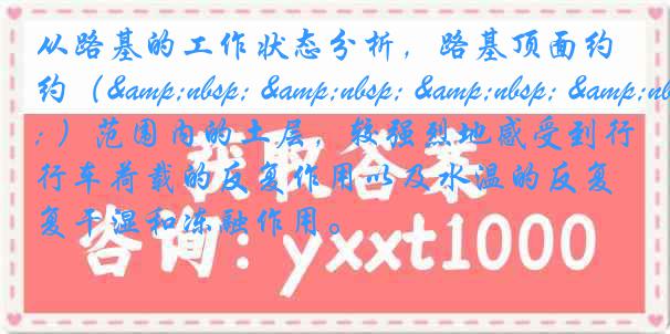 从路基的工作状态分析，路基顶面约（&nbsp; &nbsp; &nbsp; &nbsp; ）范围内的土层，较强烈地感受到行车荷载的反复作用以及水温的反复干湿和冻融作用。