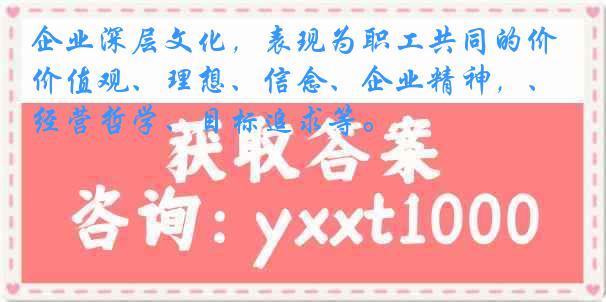 企业深层文化，表现为职工共同的价值观、理想、信念、企业精神，、经营哲学、目标追求等。